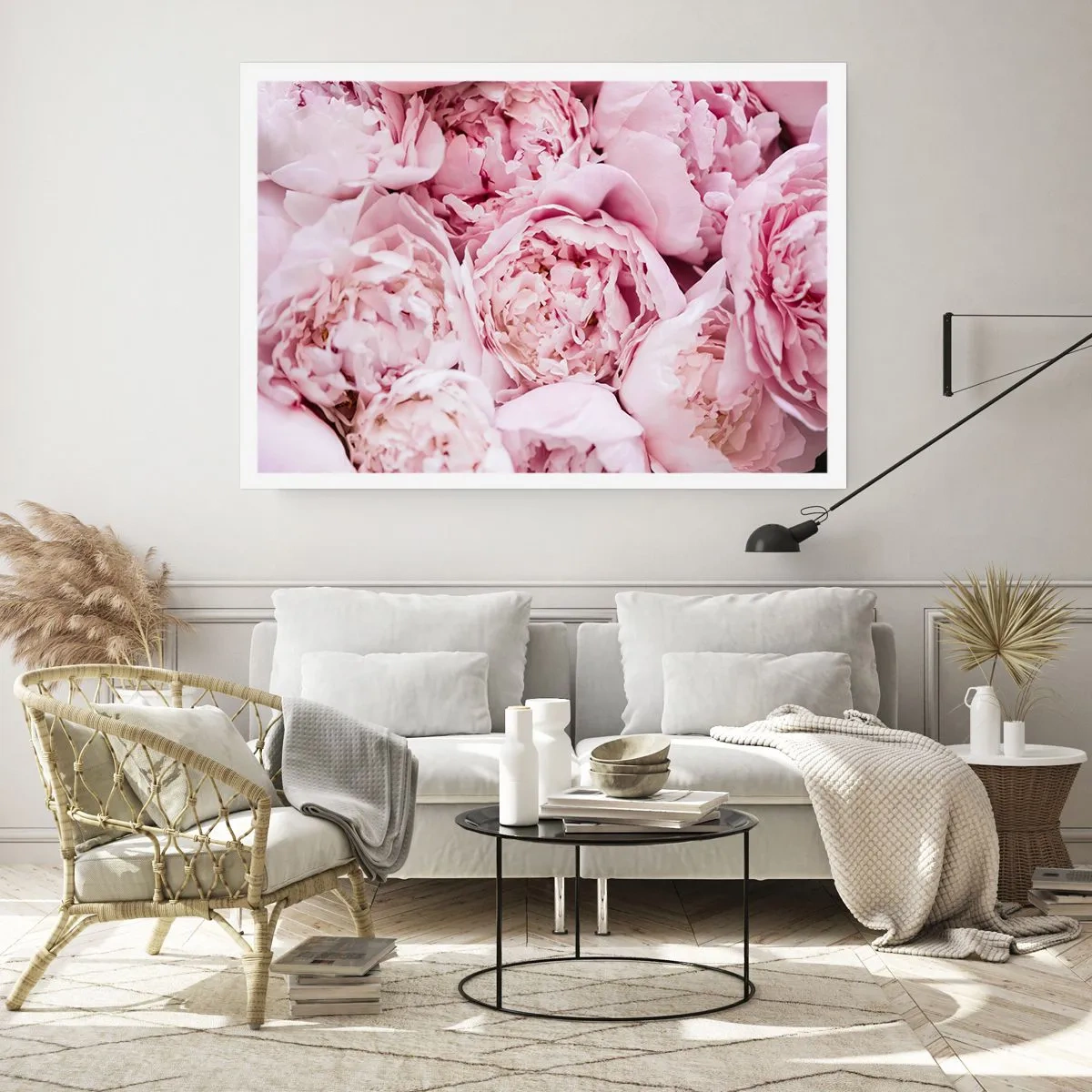 Poster - Eine Nahaufnahme eines Straußes rosa Pfingstrosen - 100x70cm - Anschmiegsam und duftend - Moderne Wanddekoration für Wohnzimmer und Schlafzimmer ARTTOR