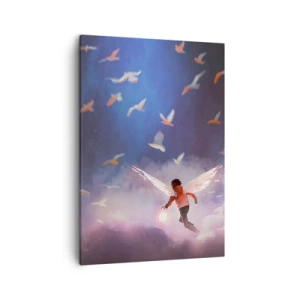 Bild auf Leinwand - Leinwandbild - Eine Figur mit Engelsflügeln, die zwischen Vögeln am Himmel schwebt - 50x70cm - Du brauchst Fantasie und Mut - Moderne Wanddekoration für Wohnzimmer und Schlafzimmer ARTTOR