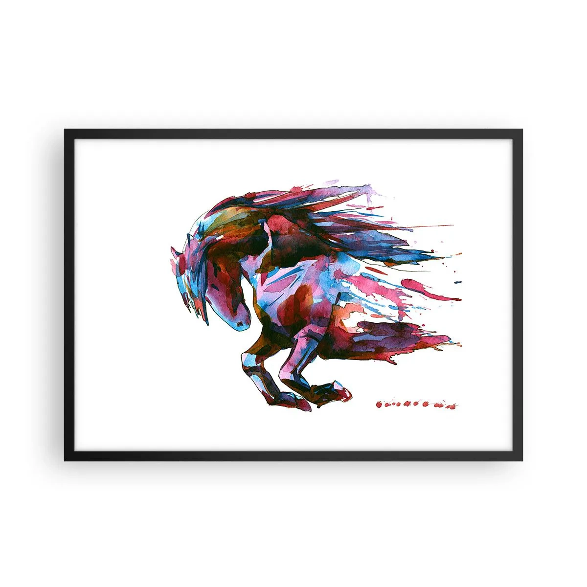 Poster in einem schwarzem Rahmen - Ein Pferd in dynamischen abstrakten Farben symbolisiert Freiheit - 70x50cm - In Verzückung - Moderne Wanddekoration für Wohnzimmer und Schlafzimmer ARTTOR
