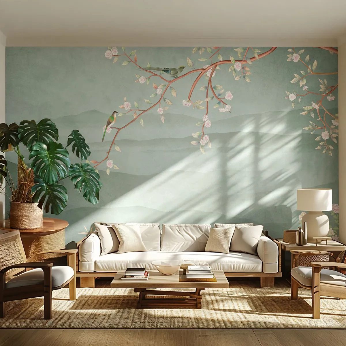 Selbstklebende Fototapete Deluxe Sticker - Frühling, oh, du bist es - Pastell, Vögel, Blumen - 400x280 cm