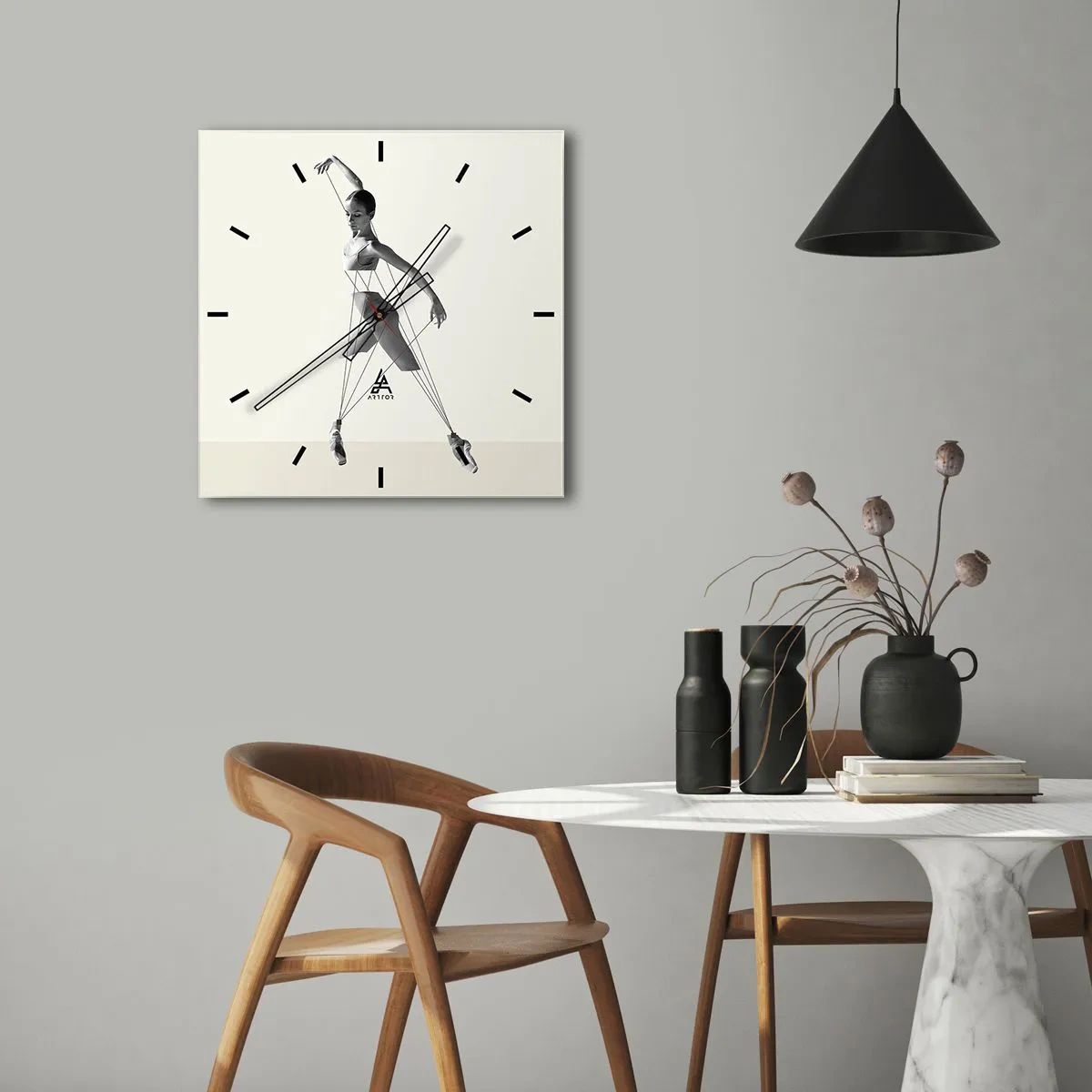 Wanduhr - Glasuhr - Ballerina in geometrischer Interpretation mit Linien - 30x30cm - Im Theater der Welt - Moderne Wanddekoration für Wohnzimmer und Schlafzimmer ARTTOR