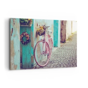 Bild auf Leinwand - Leinwandbild - Ein rosa Fahrrad neben einer türkisfarbenen Tür - 120x80cm - Ich komme gleich wieder - Moderne Wanddekoration für Wohnzimmer und Schlafzimmer ARTTOR