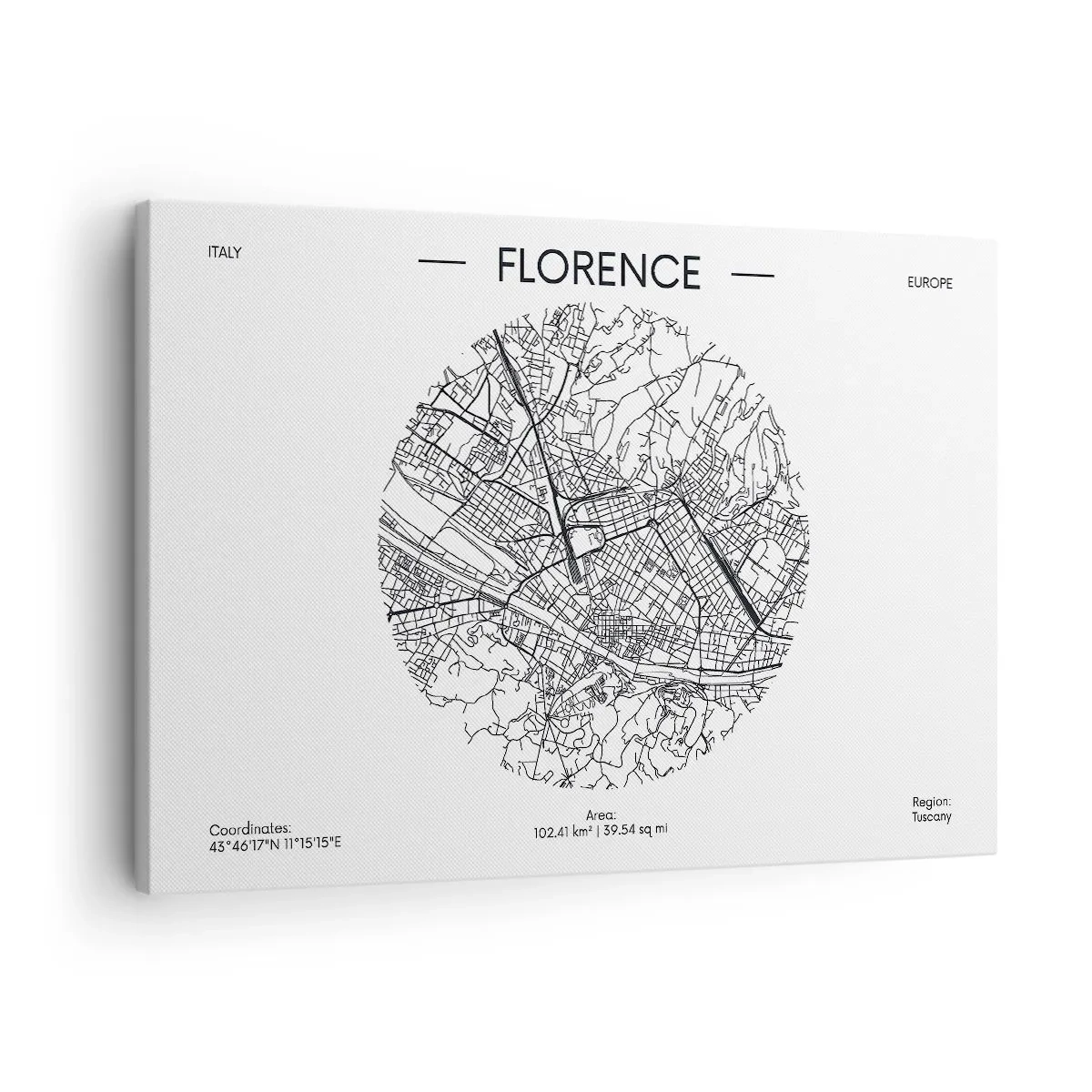 Bild auf Leinwand - Leinwandbild - Eine Karte von Florenz im minimalistischen Schwarz-Weiß-Stil - 70x50cm - Anatomie von Florenz - Moderne Wanddekoration für Wohnzimmer und Schlafzimmer ARTTOR