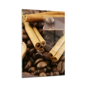 Glasbild - Bild auf glas - Nahaufnahme von Kaffee, Zimt, Schokolade und Walnüssen - 50x70cm - Konzert der Aromen - Moderne Wanddekoration für Wohnzimmer und Schlafzimmer ARTTOR