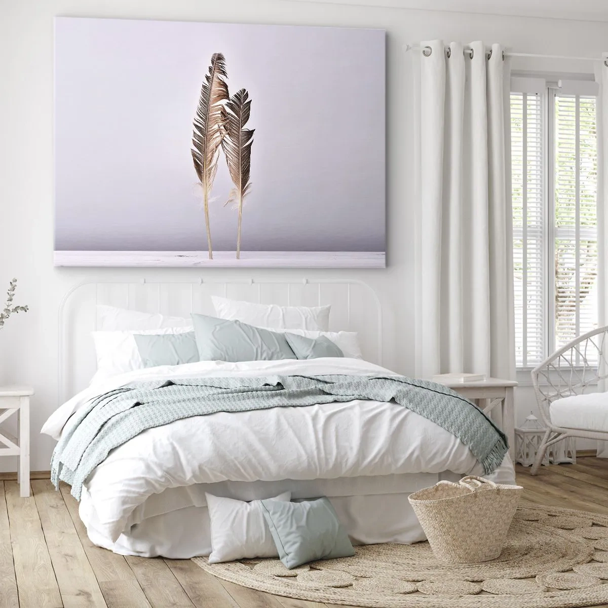 Bild auf Leinwand - Leinwandbild - Zarte Federn auf hellem Untergrund im minimalistischen Stil - 70x50cm - Gegen das Nichts - Moderne Wanddekoration für Wohnzimmer und Schlafzimmer ARTTOR