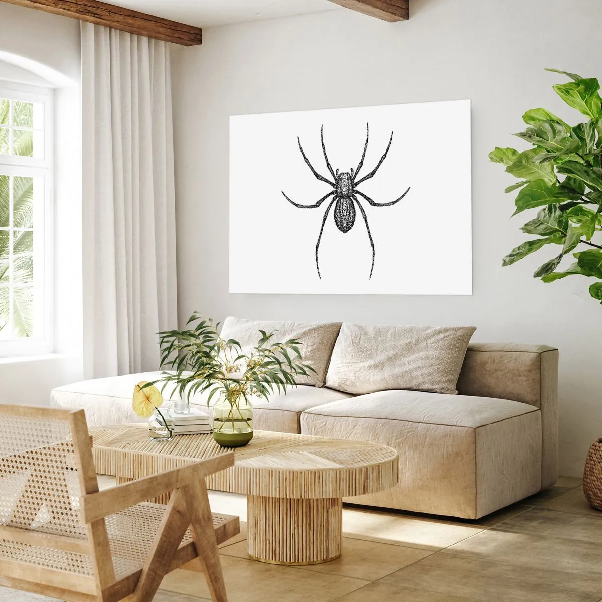 Poster - Detail einer Spinne auf weißem Hintergrund im Cartoon-Stil - 100x70cm - Beunruhigende Präzision - Moderne Wanddekoration für Wohnzimmer und Schlafzimmer ARTTOR