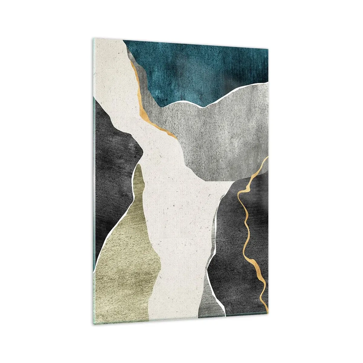 Glasbild - Bild auf glas - Geometrische Formen in Grau-, Grün- und Goldtönen - 80x120cm - Mosaikkomposition mit Goldfaden - Moderne Wanddekoration für Wohnzimmer und Schlafzimmer ARTTOR