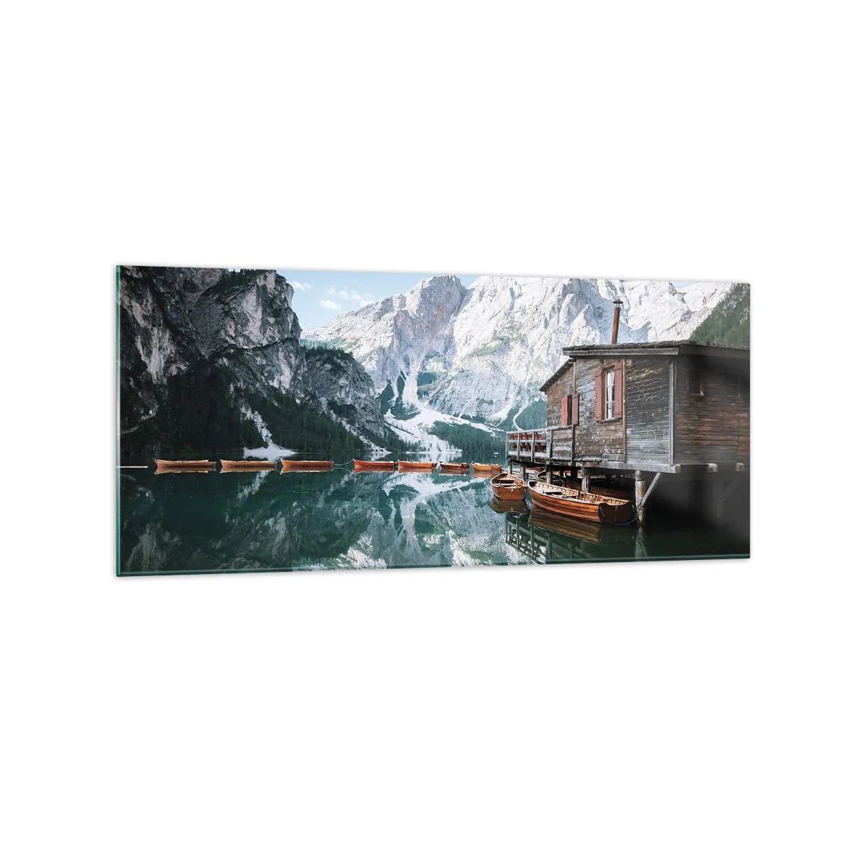 Glasbild - Bild auf glas - Ein Holzhaus an einem ruhigen Bergsee - 120x50cm - Kristallklarer Bergmorgen - Moderne Wanddekoration für Wohnzimmer und Schlafzimmer ARTTOR