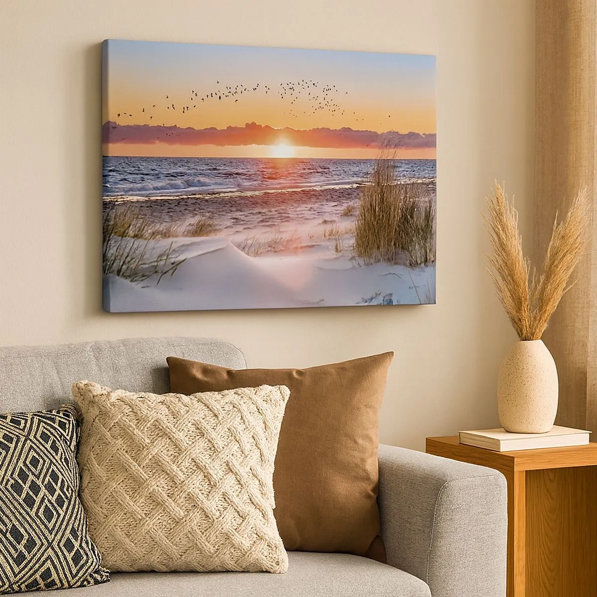 Bild auf Leinwand - Leinwandbild - Sonnenuntergang über dem Meer mit Blick auf die Dünen - 70x50cm - Horizontale Landschaft - Moderne Wanddekoration für Wohnzimmer und Schlafzimmer ARTTOR