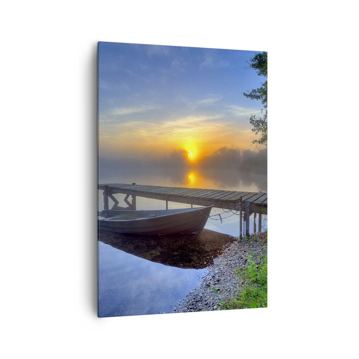 Bild auf Leinwand - Leinwandbild - Ein Seesteg bei Sonnenaufgang mit einem Boot am Ufer - 70x100cm - Wie aus Gewöhnlichem Magie wird - Moderne Wanddekoration für Wohnzimmer und Schlafzimmer ARTTOR