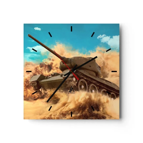 Wanduhr - Glasuhr - Ein Panzer im Einsatz in der Wüste, umgeben von Sandstaub. - 30x30cm - Nicht zu besiegen - Moderne Wanddekoration für Wohnzimmer und Schlafzimmer ARTTOR