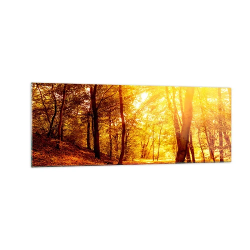 Glasbild - Bild auf glas - Herbstlichtung im goldenen Sonnenlicht mit einem Waldweg - 140x50cm - Auf die goldene Lichtung - Moderne Wanddekoration für Wohnzimmer und Schlafzimmer ARTTOR