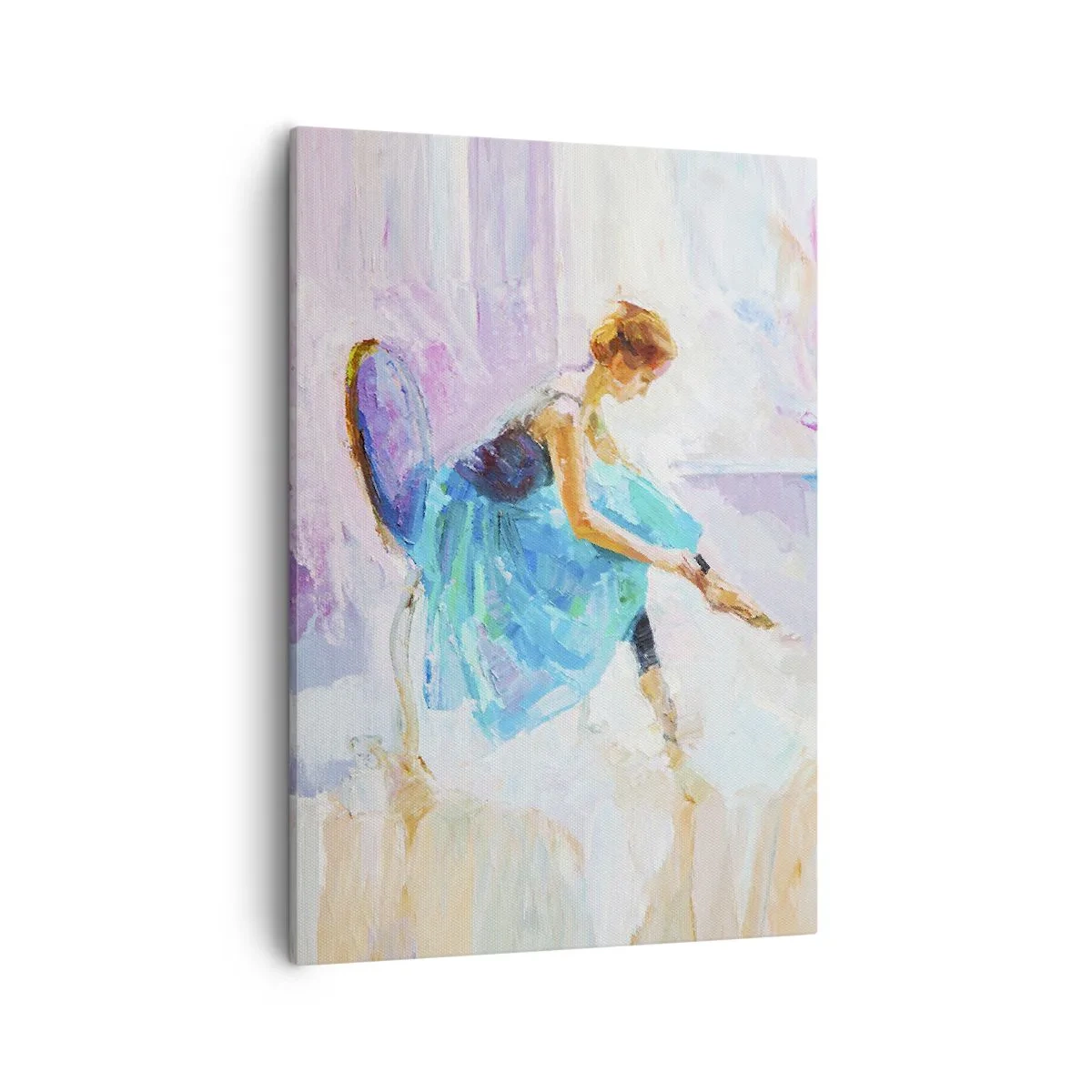 Bild auf Leinwand - Leinwandbild - Eine Ballerina in Pastelltönen bereitet sich auf den Tanz vor. - 50x70cm - Unbeschreibliche Anmut, subtiler Charme - Moderne Wanddekoration für Wohnzimmer und Schlafzimmer ARTTOR