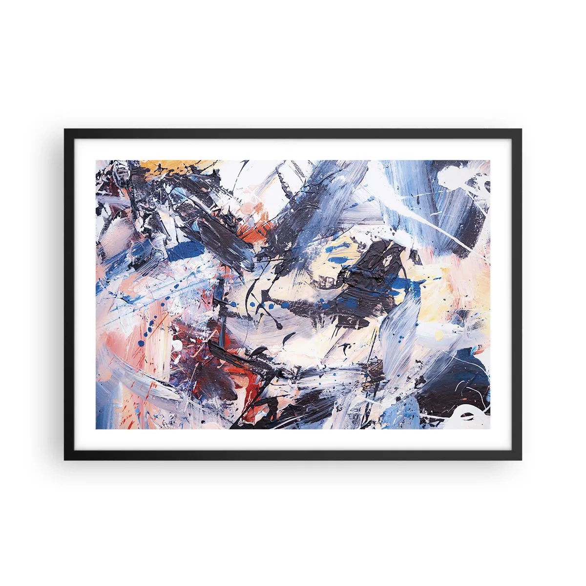 Poster in einem schwarzem Rahmen - Abstraktion mit dynamischen Pinselstrichen in Blau und Rot. - 70x50cm - Verrückter Tanz der Abstraktion - Moderne Wanddekoration für Wohnzimmer und Schlafzimmer ARTTOR