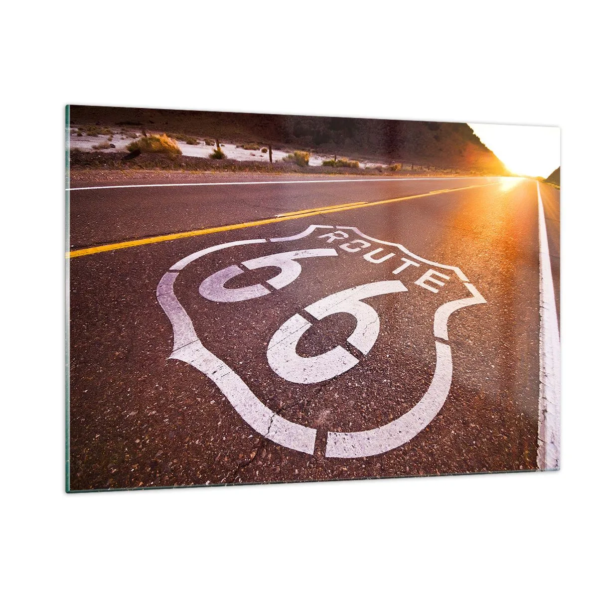 Glasbild - Bild auf glas - Route 66 bei Sonnenuntergang - 120x80cm - Die berühmte Straße 66 - Moderne Wanddekoration für Wohnzimmer und Schlafzimmer ARTTOR