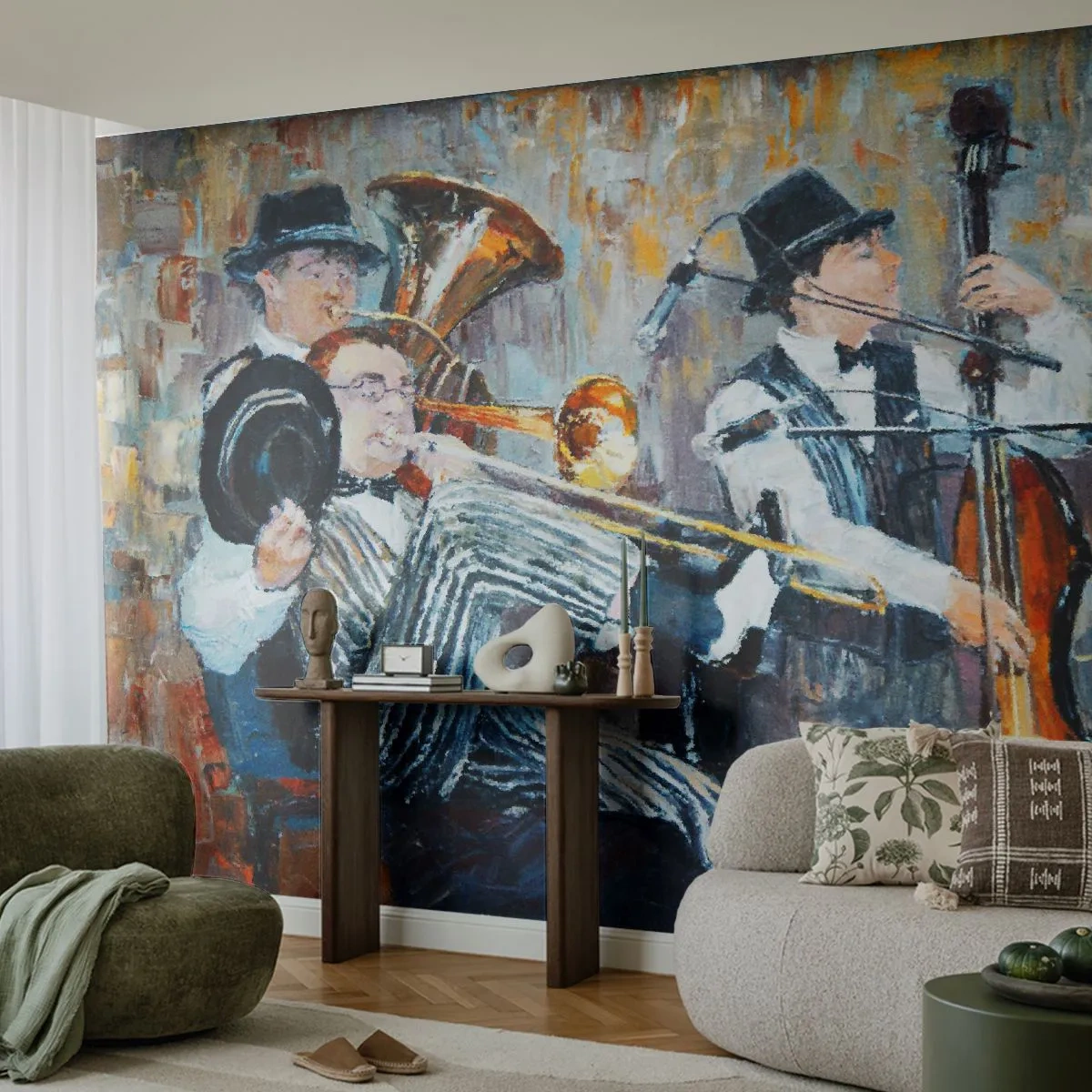 Fototapete Premium Sand - Impressionistische Jazzband - 100x70cm - Der ganze Jazz - Moderne Wanddekoration für Wohnzimmer und Schlafzimmer ARTTOR
