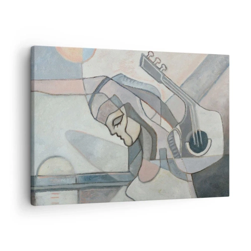 Bild auf Leinwand - Leinwandbild - Eine abstrakte Figur mit einer Gitarre in Pastellfarben. - 70x50cm - In der Kraft der Musik - Moderne Wanddekoration für Wohnzimmer und Schlafzimmer ARTTOR