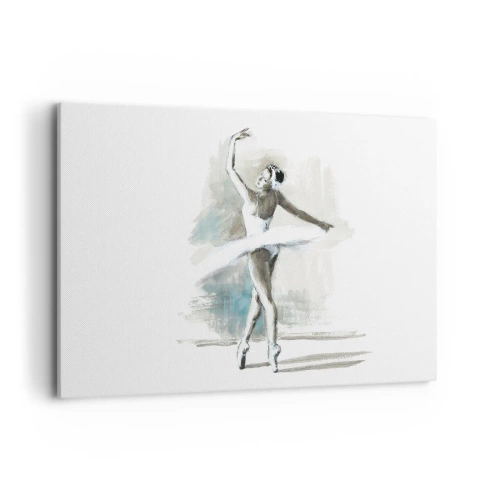 Bild auf Leinwand - Leinwandbild - Eine Balletttänzerin in einer Ballettpose vor einem Hintergrund aus zarten Aquarelltönen. - 100x70cm - In einen Schwan verzaubert - Moderne Wanddekoration für Wohnzimmer und Schlafzimmer ARTTOR