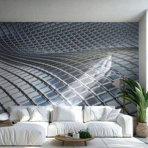 Fototapete Standard Eco - Futuristische silberne 3D-Struktur - 100x70cm - Metallische silberne Welle - Moderne Wanddekoration für Wohnzimmer und Schlafzimmer ARTTOR