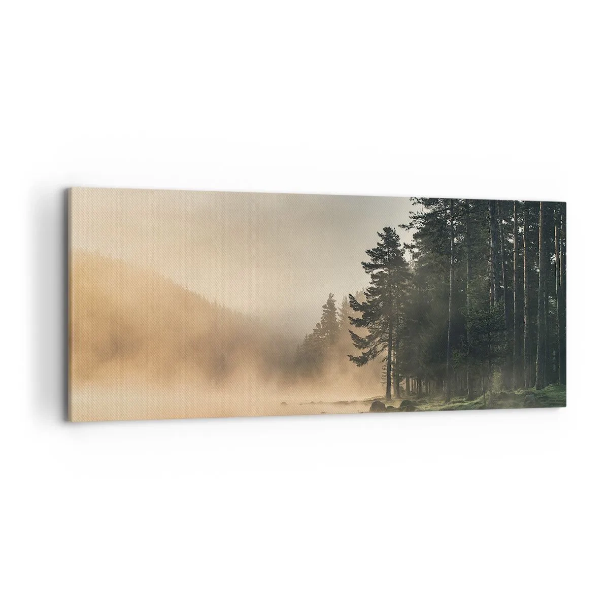 Bild auf Leinwand - Leinwandbild - Ein nebliger Wald über einem ruhigen See - 120x50cm - Die Geburt des Tages - Moderne Wanddekoration für Wohnzimmer und Schlafzimmer ARTTOR