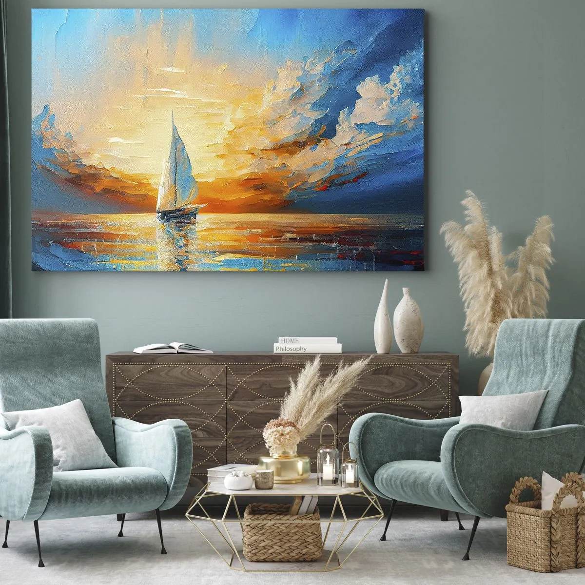 Bild auf Leinwand - Leinwandbild - Ein Segelboot vor der Kulisse der untergehenden Sonne und bunten Wolken - 70x50cm - In Gold segeln - Moderne Wanddekoration für Wohnzimmer und Schlafzimmer ARTTOR