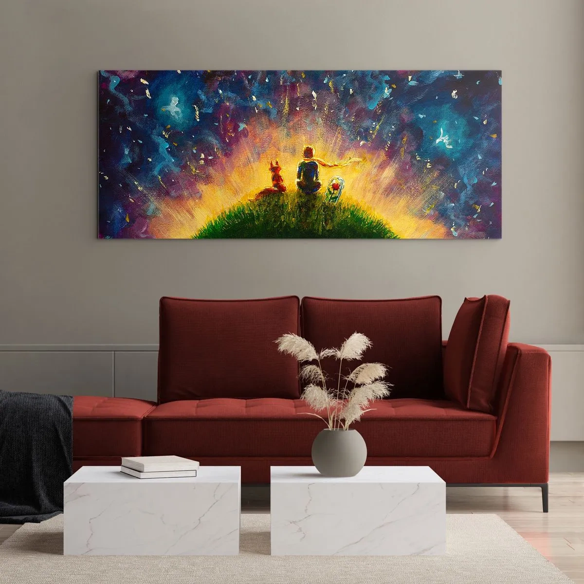 Glasbild - Bild auf glas - Figuren auf einem grünen Hügel, umgeben von einem Sternenhimmel - 120x50cm - Liebe und Freundschaft - die ganze Welt - Moderne Wanddekoration für Wohnzimmer und Schlafzimmer ARTTOR