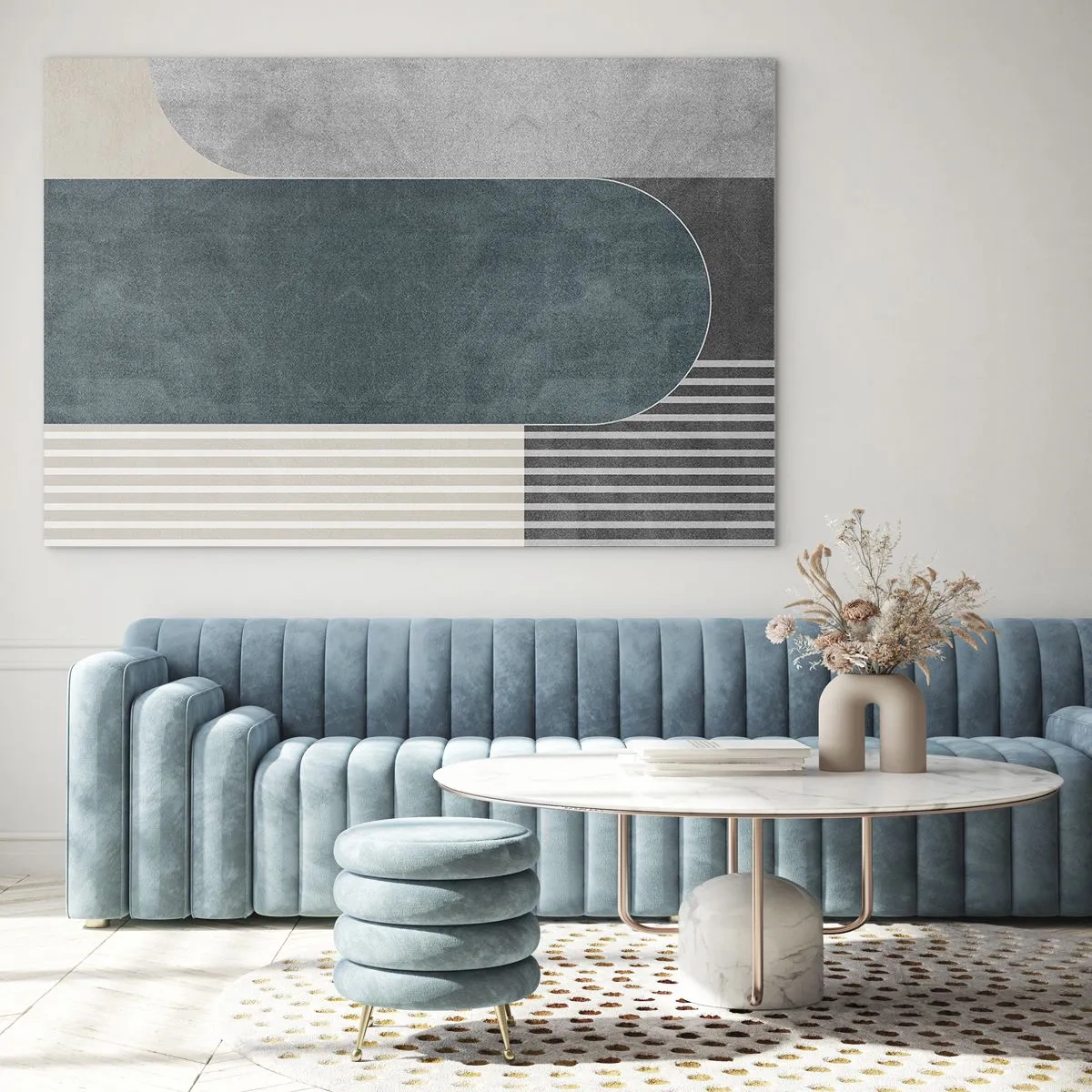 Glasbild - Bild auf glas - Geometrische Form in Grau-, Beige- und Grüntönen - 70x50cm - Komposition auf der Ebene - Moderne Wanddekoration für Wohnzimmer und Schlafzimmer ARTTOR