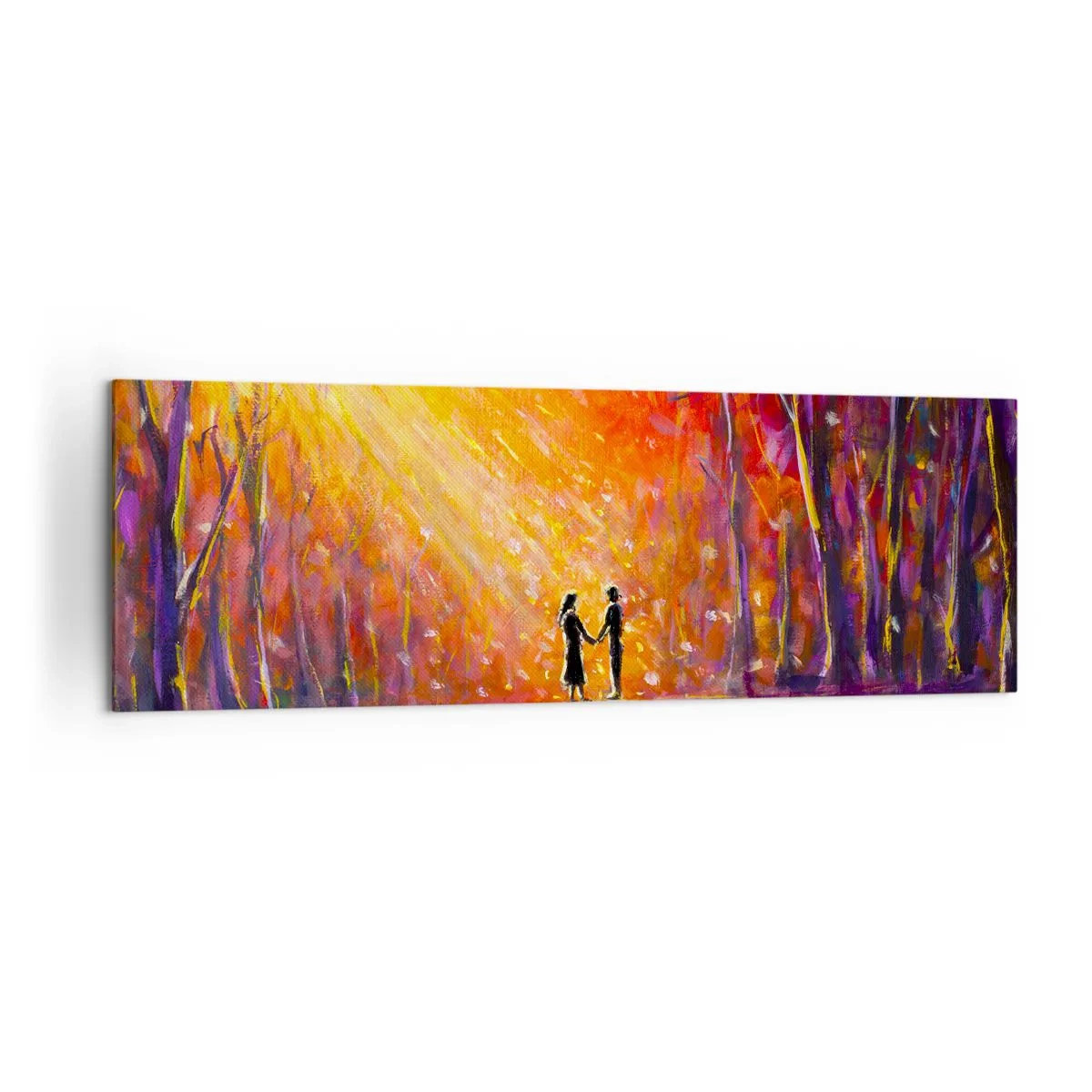 Bild auf Leinwand - Leinwandbild - Romantisches Paar auf einer Brücke im herbstlichen Wald - 160x50cm - Der Himmel liebt sie auch - Moderne Wanddekoration für Wohnzimmer und Schlafzimmer ARTTOR