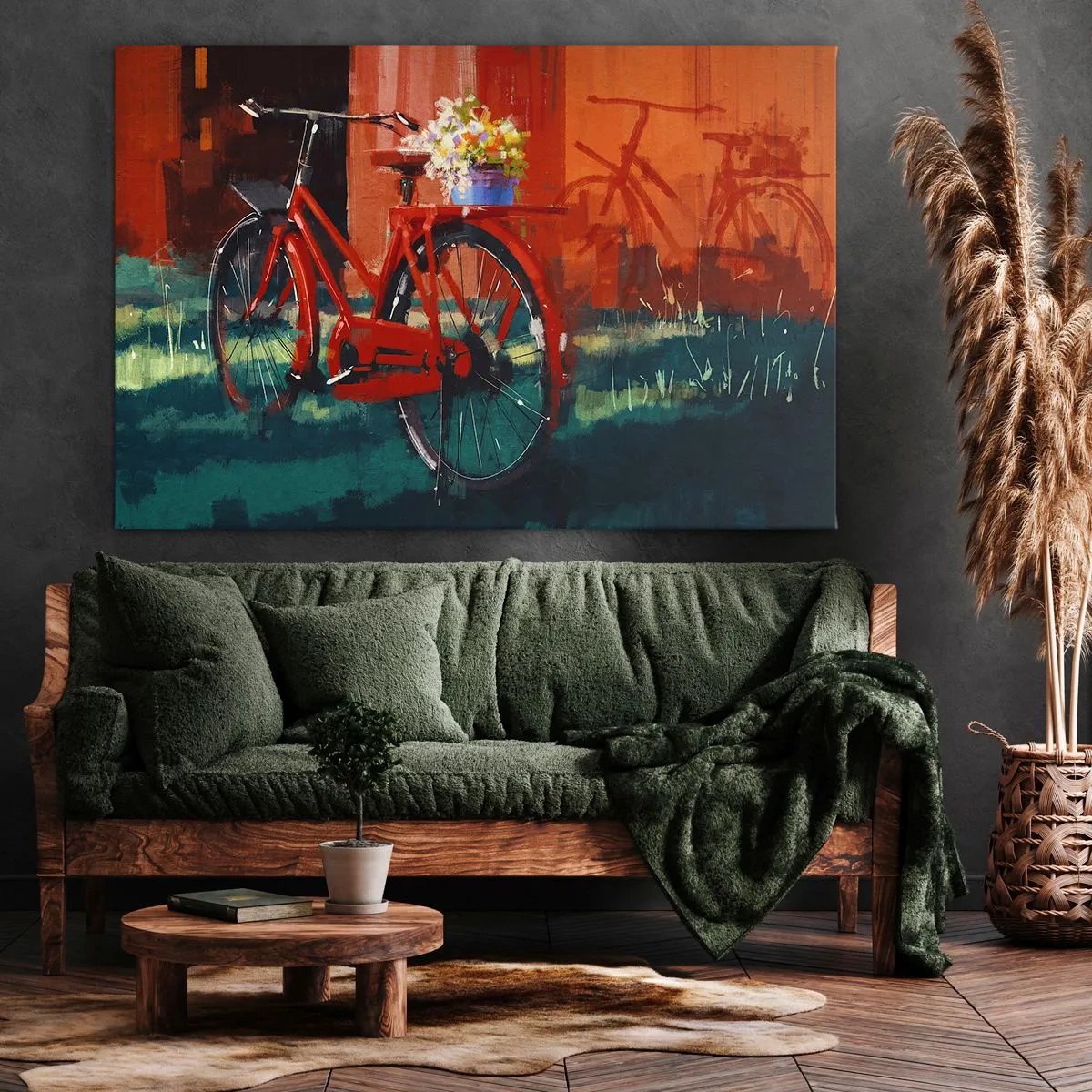Bild auf Leinwand - Leinwandbild - Ein rotes Fahrrad mit Blumen vor einer orangefarbenen Wand - 70x50cm - Ich möchte mit meinem Fahrrad fahren - Moderne Wanddekoration für Wohnzimmer und Schlafzimmer ARTTOR
