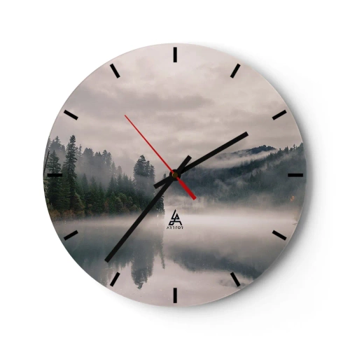 Wanduhr - Glasuhr - Nebliger Wald über einem ruhigen See am Morgen - 30x30cm - In Reflexion, im Nebel - Moderne Wanddekoration für Wohnzimmer, Küche und Schlafzimmer ARTTOR