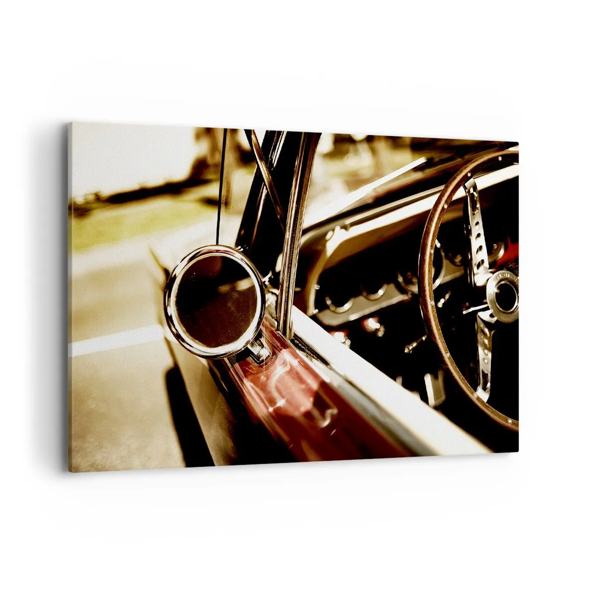Bild auf Leinwand - Leinwandbild - Nahaufnahme des Spiegels und des Innenraums eines klassischen Retro-Autos - 100x70cm - Ein Auto mit Seele - Moderne Wanddekoration für Wohnzimmer und Schlafzimmer ARTTOR