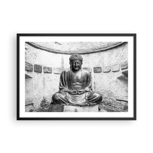 Poster in einem schwarzem Rahmen - Schwarz-weiße Buddha-Statue in meditativer Pose - 70x50cm - An der Quelle des Friedens - Moderne Wanddekoration für Wohnzimmer und Schlafzimmer ARTTOR