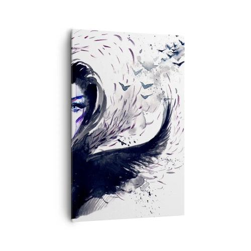 Bild auf Leinwand - Leinwandbild - Abstraktes Gesicht mit kontrastierenden Elementen und einem Flügelmotiv - 80x120cm - Dämonisch und schön - Moderne Wanddekoration für Wohnzimmer und Schlafzimmer ARTTOR