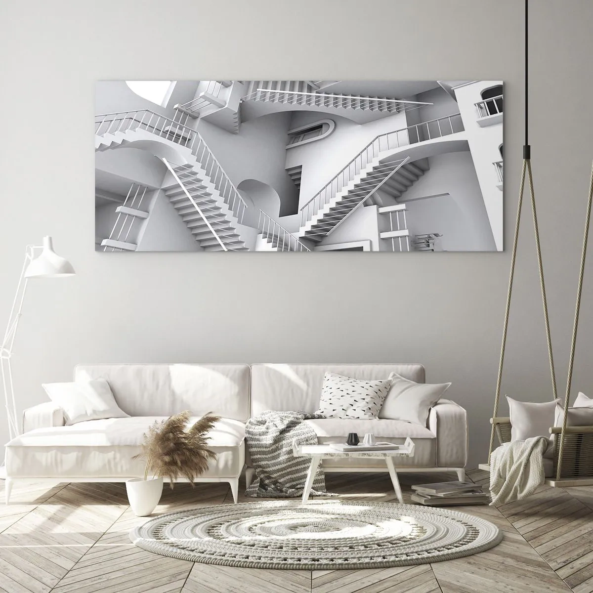 Glasbild - Bild auf glas - Eine abstrakte Komposition aus Treppen in einer surrealistischen Raumanordnung - 140x50cm - Die Paradoxien des Weltraums - Moderne Wanddekoration für Wohnzimmer und Schlafzimmer ARTTOR