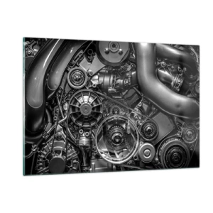 Glasbild - Bild auf glas - Detail eines schwarz-weißen Motors mit sichtbaren Mechanismen - 120x80cm - Die Poesie der Mechanik - Moderne Wanddekoration für Wohnzimmer und Schlafzimmer ARTTOR