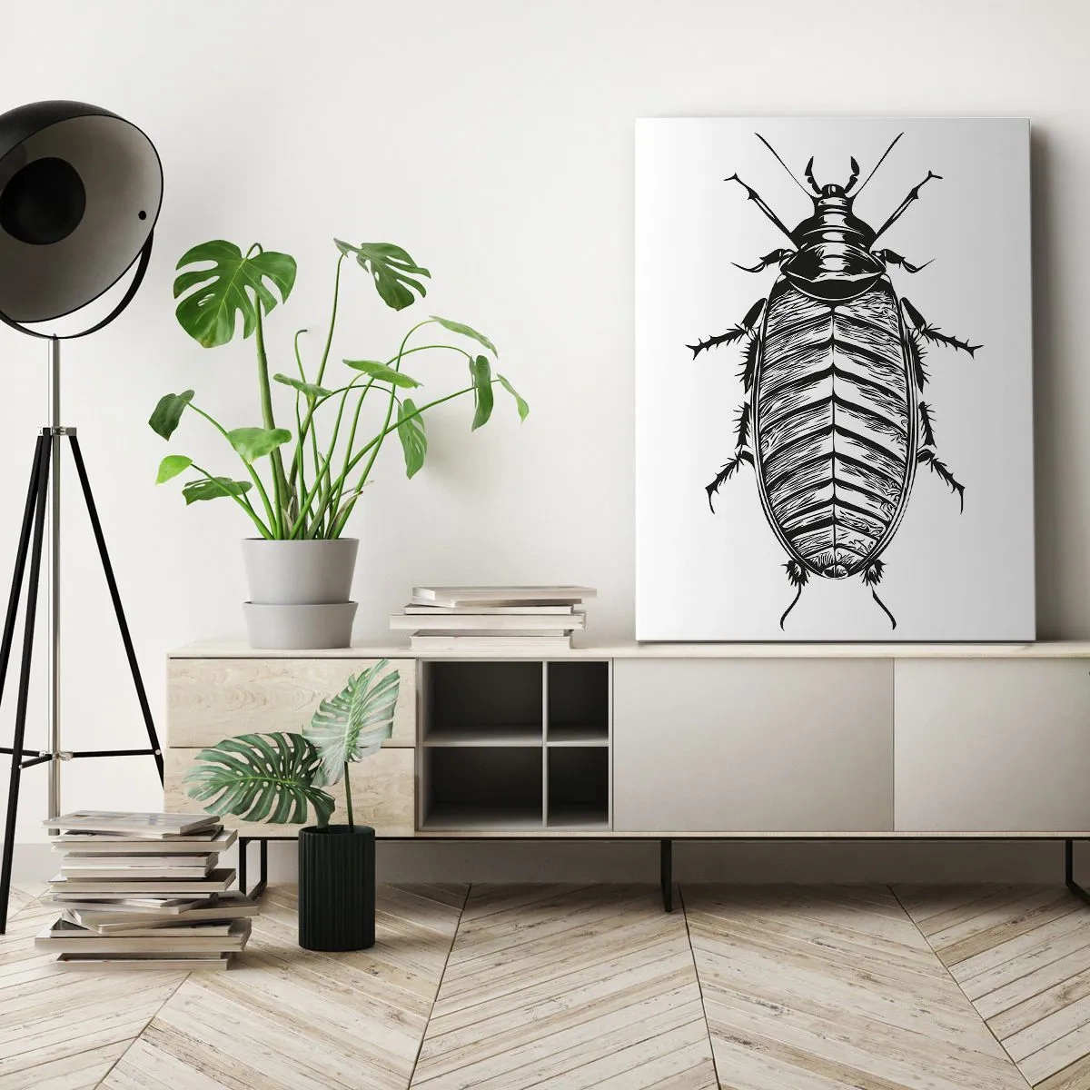 Bild auf Leinwand - Leinwandbild - Grafik eines schwarz-weißen Insekts auf weißem Hintergrund - 50x70cm - Was für ein Exemplar! - Moderne Wanddekoration für Wohnzimmer und Schlafzimmer ARTTOR