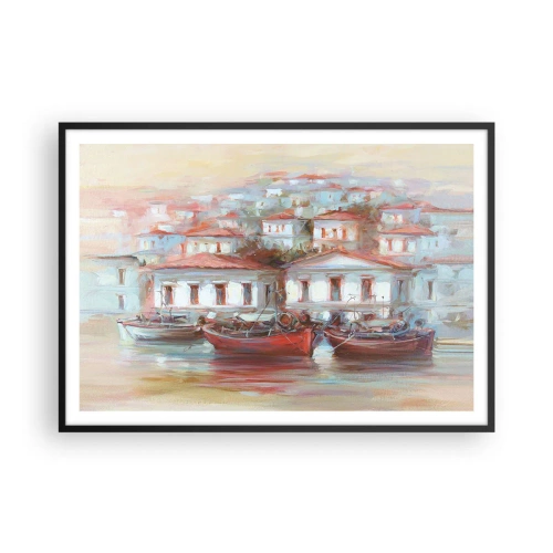 Poster in einem schwarzem Rahmen - Bunte Boote und malerische Gebäude am Wasser in Pastelltönen - 100x70cm - Glückliche Stadt - Moderne Wanddekoration für Wohnzimmer und Schlafzimmer ARTTOR