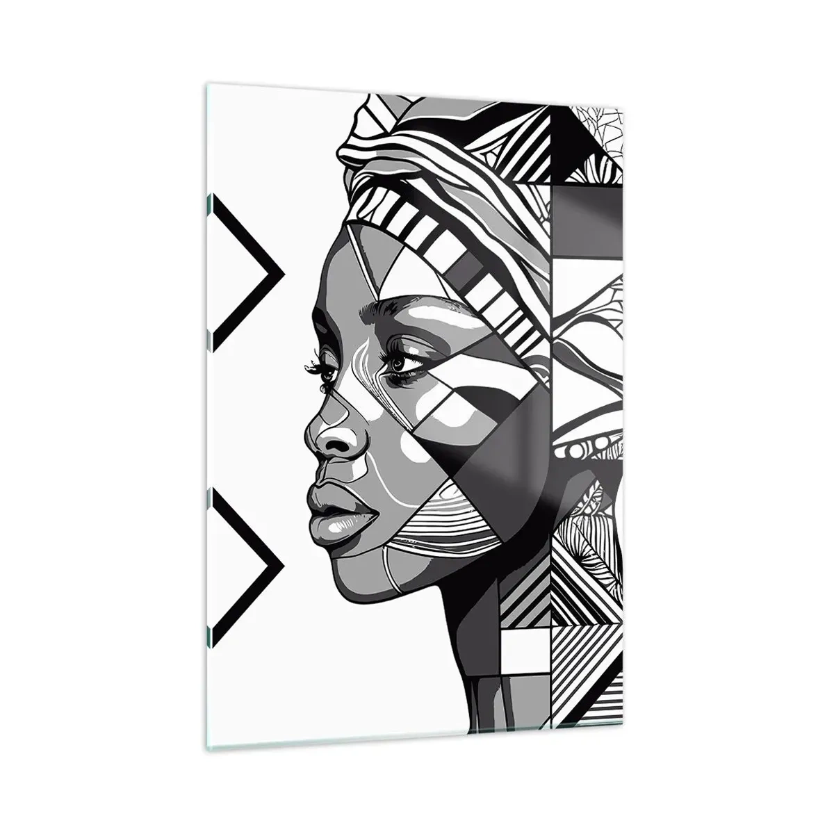 Glasbild - Bild auf glas - Schwarz-weißes ethnisches Porträt einer Frau mit geometrischen Mustern - 50x70cm - Ethnisches Porträt - Moderne Wanddekoration für Wohnzimmer und Schlafzimmer ARTTOR