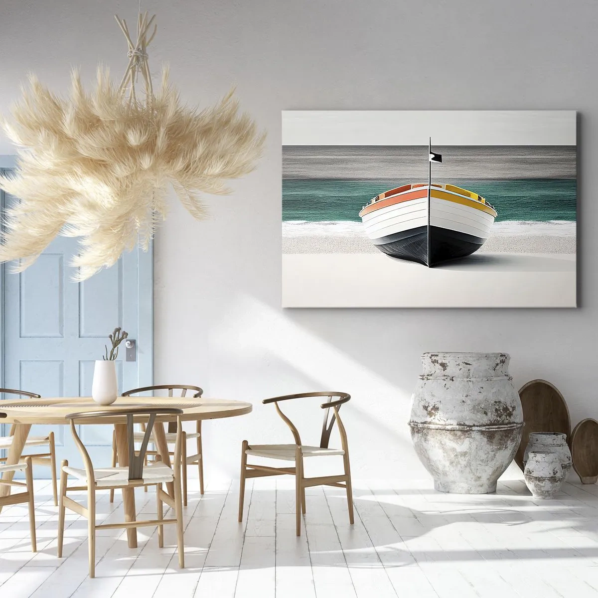 Bild auf Leinwand - Leinwandbild - Ein Boot am Strand mit türkisfarbenem Meer im Hintergrund - 100x70cm - An seinem Platz - Moderne Wanddekoration für Wohnzimmer und Schlafzimmer ARTTOR