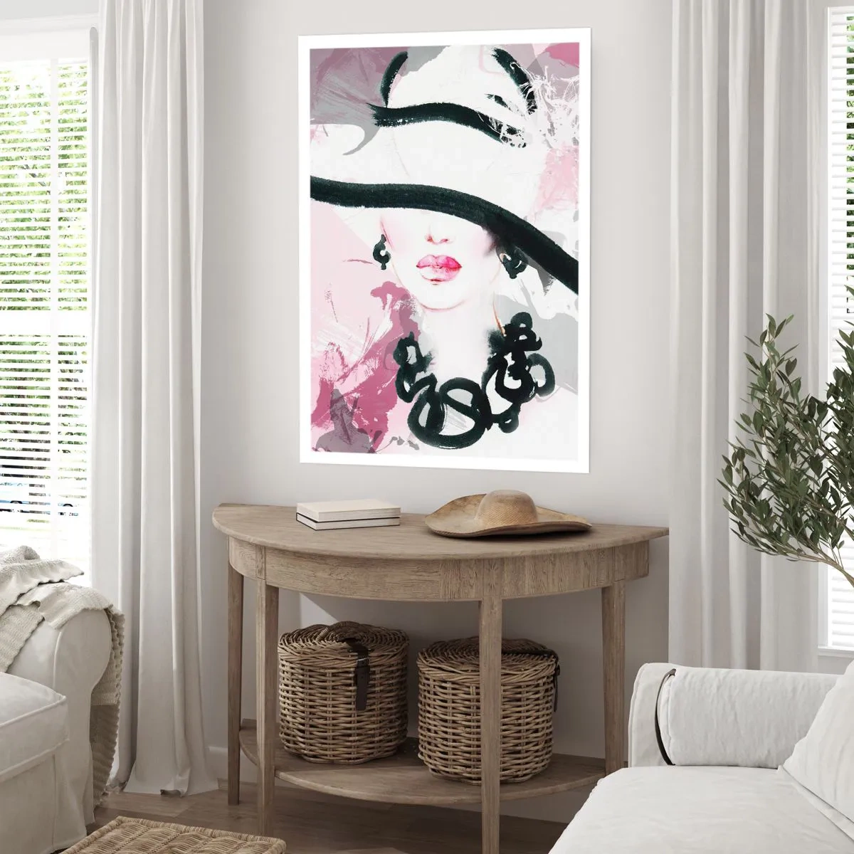 Poster - Eine elegante Illustration eines Frauengesichts in Rosa- und Schwarztönen. - 50x70cm - Bildnis einer Dame in Schwarz und Pink - Moderne Wanddekoration für Wohnzimmer und Schlafzimmer ARTTOR