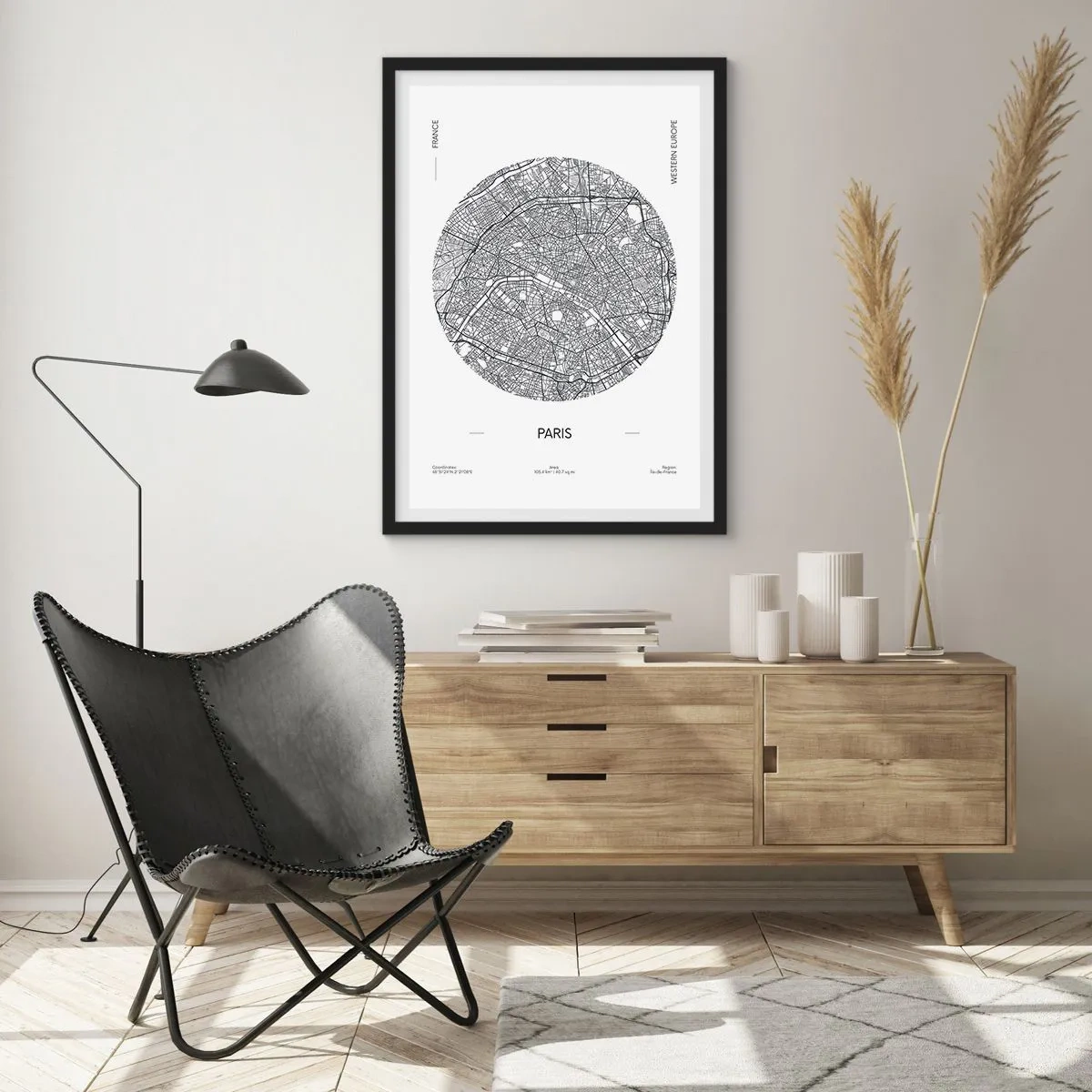 Poster in einem schwarzem Rahmen - Minimalistische Karte von Paris in einem Kreis - 50x70cm - Anatomie von Paris - Moderne Wanddekoration für Wohnzimmer und Schlafzimmer ARTTOR