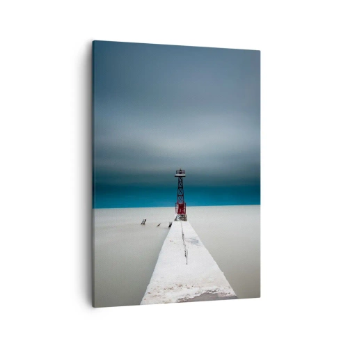 Bild auf Leinwand - Leinwandbild - Ein Leuchtturm am Ende eines Betonpfeilers in einer kargen Landschaft - 50x70cm - Um der Weite zu begegnen - Moderne Wanddekoration für Wohnzimmer und Schlafzimmer ARTTOR