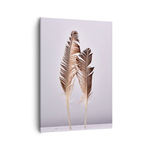 Bild auf Leinwand - Leinwandbild - Zarte Federn auf hellem Untergrund im minimalistischen Stil - 50x70cm - Gegen das Nichts - Moderne Wanddekoration für Wohnzimmer und Schlafzimmer ARTTOR