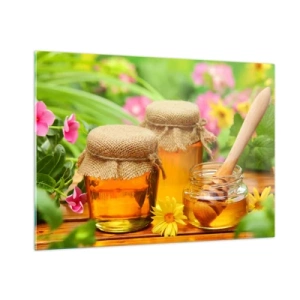 Glasbild - Bild auf glas - Gläser mit Honig vor einem Hintergrund von Blumen im Garten - 100x70cm - Süß und blumig - Moderne Wanddekoration für Wohnzimmer und Schlafzimmer ARTTOR