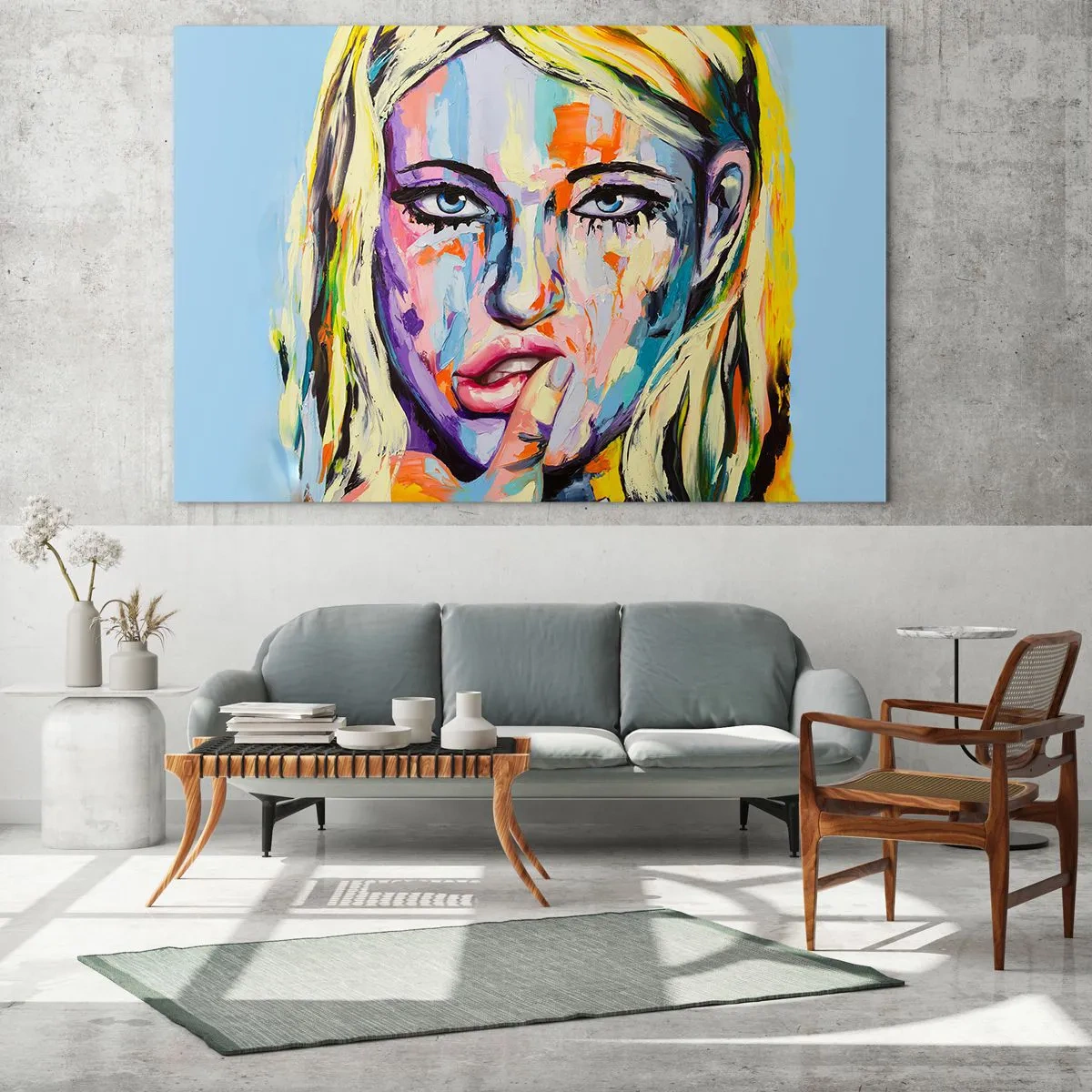 Glasbild - Bild auf glas - Ein farbenfrohes Porträt einer Frau mit nachdenklichem Ausdruck - 70x50cm - Schau ihr direkt in die Augen - Moderne Wanddekoration für Wohnzimmer und Schlafzimmer ARTTOR