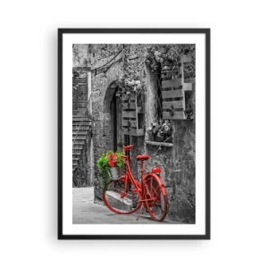 Poster in einem schwarzem Rahmen - Ein rotes Fahrrad mit Blumen in einer engen Straße - 50x70cm - Toskanische Gasse - Moderne Wanddekoration für Wohnzimmer und Schlafzimmer ARTTOR
