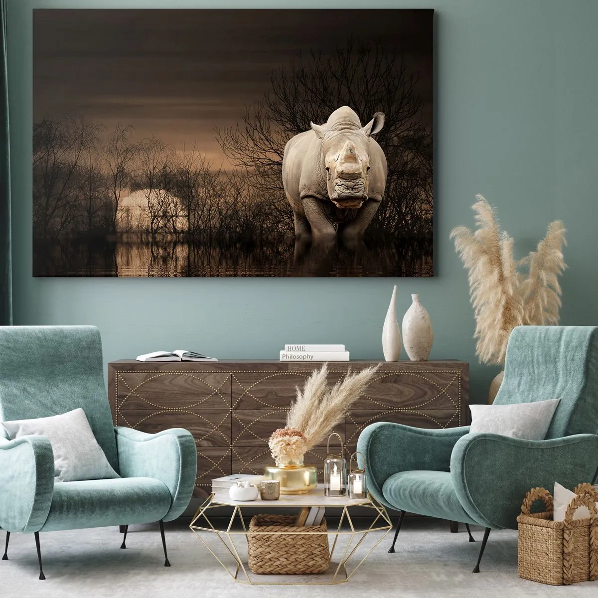 Bild auf Leinwand - Leinwandbild - Nashorn zwischen Bäumen bei Sonnenuntergang, wilde Natur. - 70x50cm - Weiß gegen die Natur - Moderne Wanddekoration für Wohnzimmer und Schlafzimmer ARTTOR