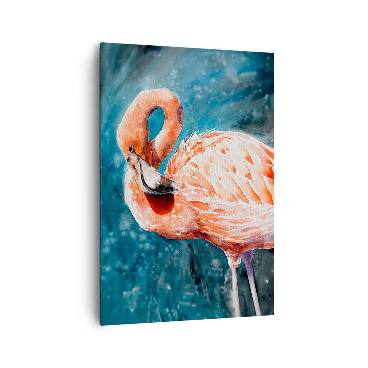 Bild auf Leinwand - Leinwandbild - Ein rosa Flamingo auf einem aquarellblauen Hintergrund - 70x100cm - Von Natur aus dekorativ - Moderne Wanddekoration für Wohnzimmer und Schlafzimmer ARTTOR