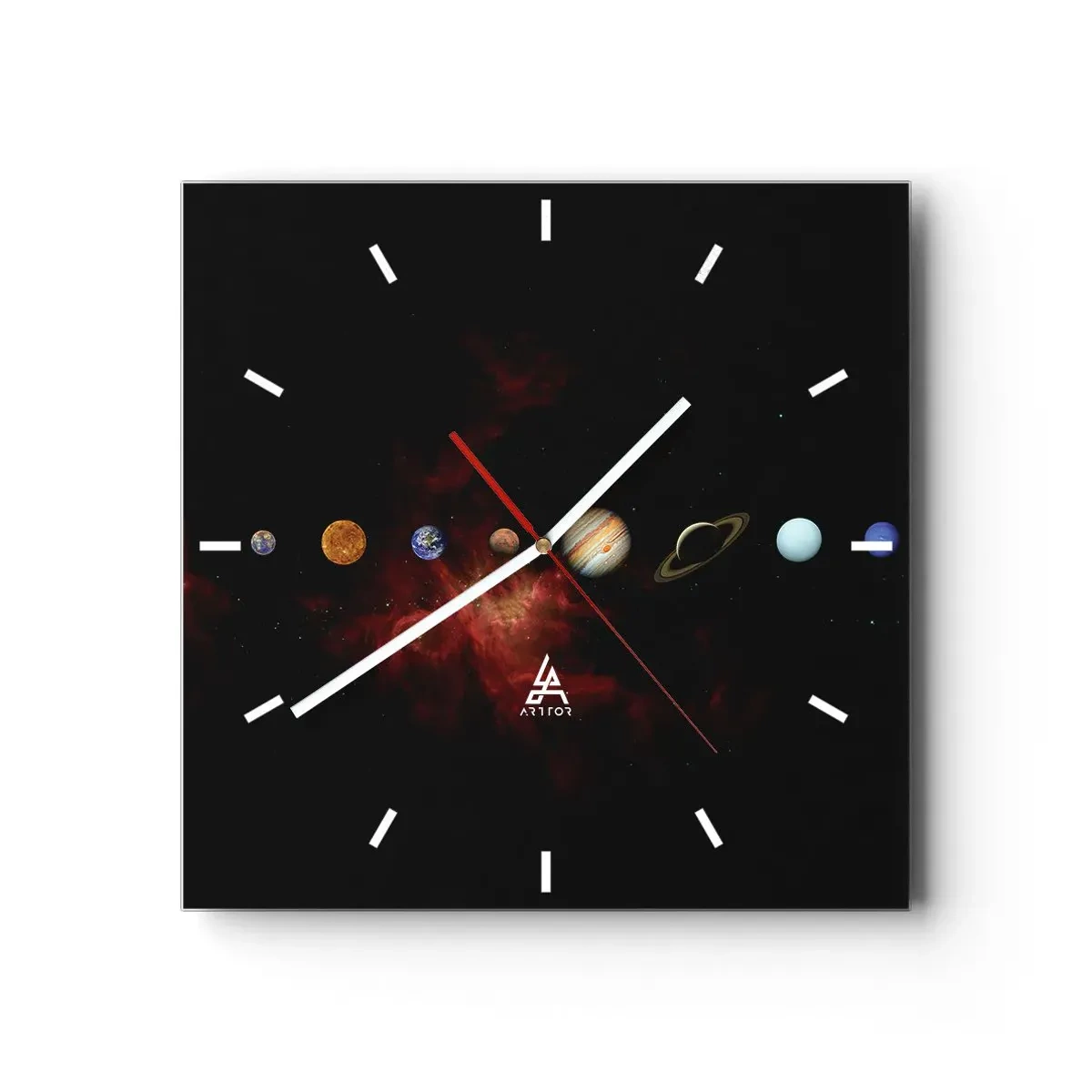 Wanduhr - Glasuhr - Das Sonnensystem mit Planeten vor dem Hintergrund des Weltraums - 30x30cm - Unsere Nachbarschaft - Moderne Wanddekoration für Wohnzimmer und Schlafzimmer ARTTOR