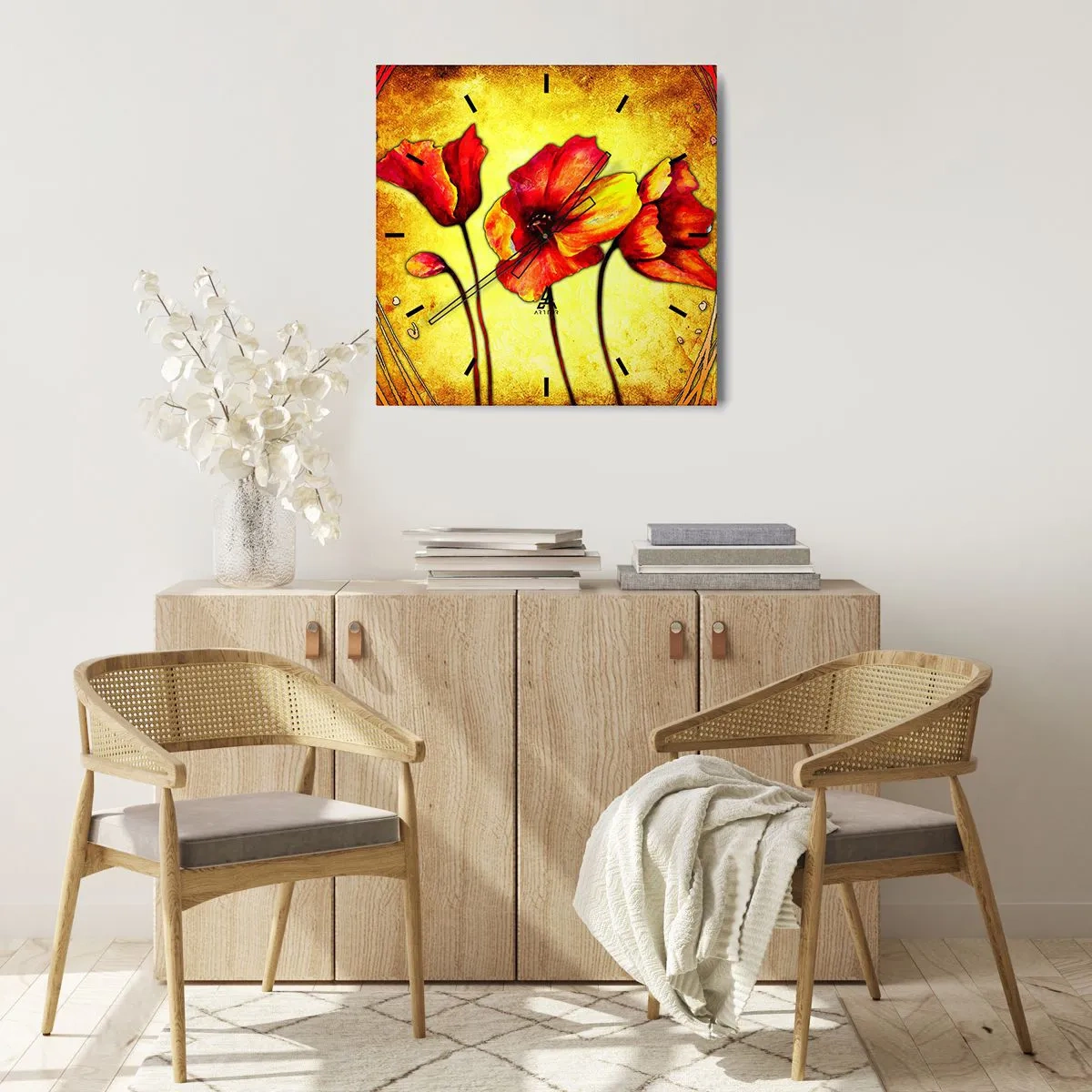 Wanduhr - Glasuhr - Rote und gelbe Blumen auf goldenem Hintergrund mit dekorativen Mustern - 30x30cm - In Jugendstil-Dekorationen - Moderne Wanddekoration für Wohnzimmer und Schlafzimmer ARTTOR